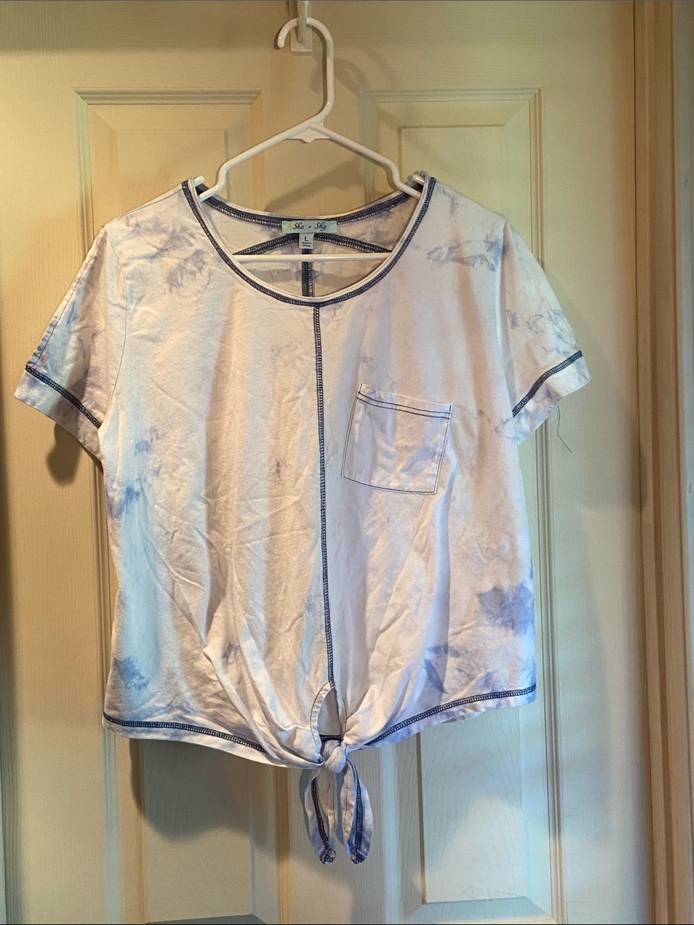 She + Sky White and Light Blue Tie-Dye Short Sleeve Tie-Front Top